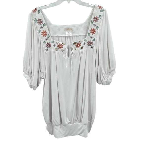 La Rok Women's White Boho Blouse, Sz. L, Embroidered Beaded Square Neck Viscose - Picture 1 of 6